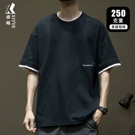250g精梳棉短袖t恤男夏季新款假两件刺绣上衣宽松大码男士体恤潮商品大图