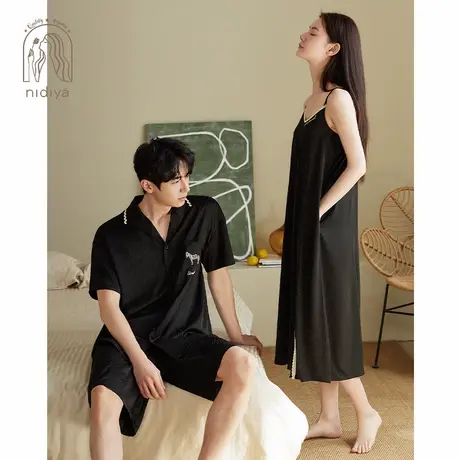 妮狄娅2024情侣睡衣女夏季凉感冰丝性感吊带裙男开衫款家居服套装商品大图
