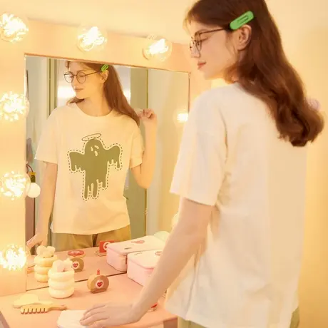 唐狮两件套可外穿家居服套装夏季卡通短袖T恤女睡衣纯棉宽松圆领图片