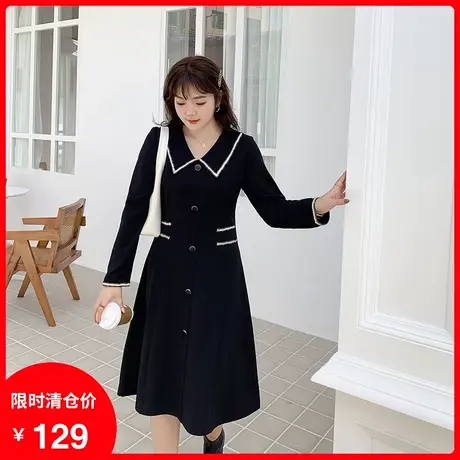 2021秋冬装新款翻领胖mm遮肚显瘦大码连衣裙A字中长款气质小黑裙商品大图
