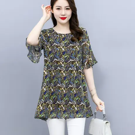 大码雪纺衫女2023夏季新款印花减龄胖mm上衣中长款宽松遮肚子妈妈商品大图