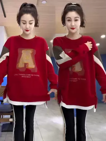 圆领宽松假两件拼接字母中长款卫衣女2023春季新款显瘦休闲上衣潮商品大图