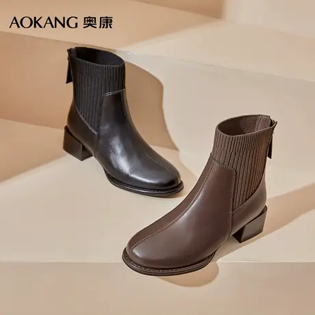 奥康 女鞋冬季时尚潮流通勤时装靴粗跟圆头女短靴商品大图