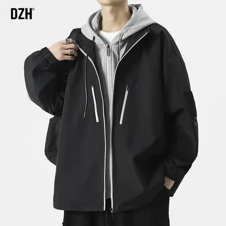男生假两件外套男春秋潮牌宽松男装2023新款黑色夹克连帽上衣百搭商品大图