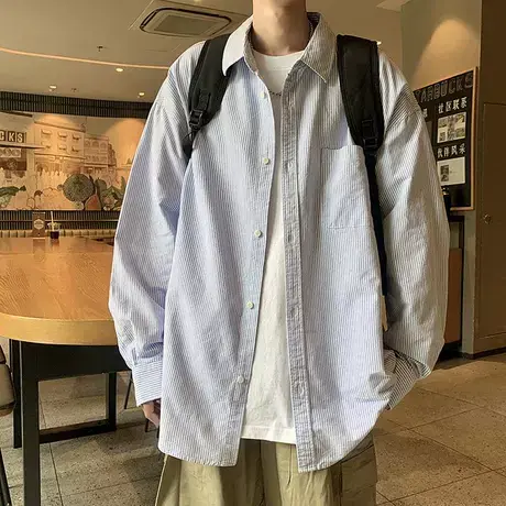 长袖条纹衬衫男秋日系高街潮牌宽松衬衣复古cityboy痞帅情侣外套商品大图