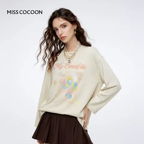 MISSCOCOON可可尼蓝精灵联名棉T恤女2025冬季新款印花打底衫上衣商品大图