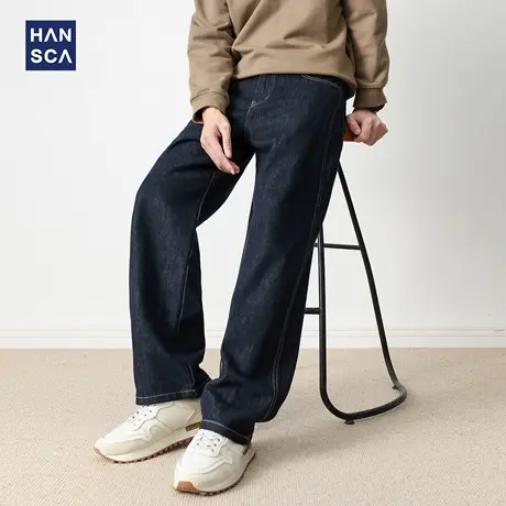 hansca深蓝色丹宁牛仔裤男2025新款秋季直筒阔腿宽松复古水洗长裤商品大图