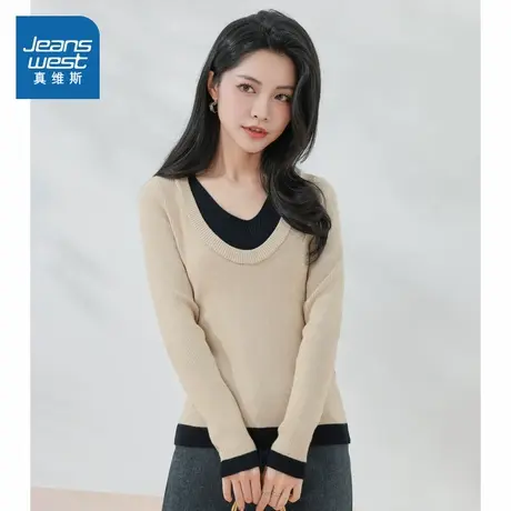 KF真维斯小众女式拼色圆领针织衫 2025秋季新品通勤女款套头毛衣商品大图