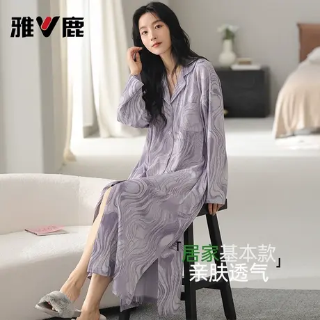 雅鹿睡裙女士纯棉长袖睡衣2025新款秋冬慵懒家居服宽松大码中长款商品大图