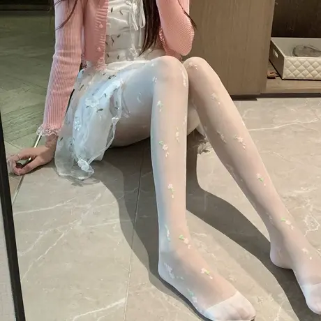 纯欲日系提花连裤袜少女白色小碎花夏季薄款ins网红款洛丽塔花朵商品大图
