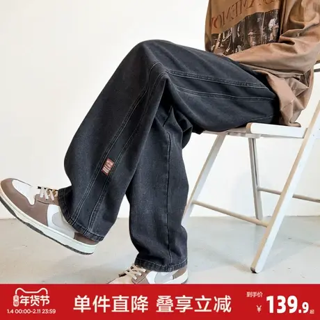 唐狮2026冬季男加绒牛仔长裤炭黑色侧边设计显瘦美式复古风穿搭w商品大图