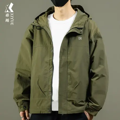希越户外防水夹克男士宽松大码绿色连帽冲锋衣外套2023秋季新款男图片