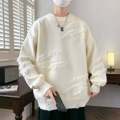 个性圆领毛衣男秋冬季潮牌痞帅宽松针织衫男日系复古慵懒线衣外套商品大图