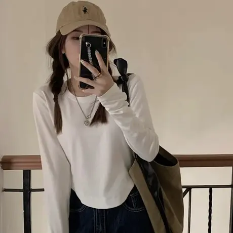 美式穿搭短款弧形长袖T恤女秋冬chic港风修身内搭收腰打底衫上衣商品大图
