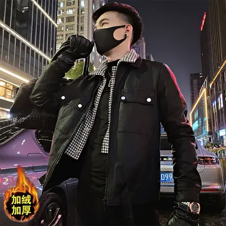 秋冬季夜店皮衣外套男拼接假两件个性短款网红保暖加厚机车服夹克图片