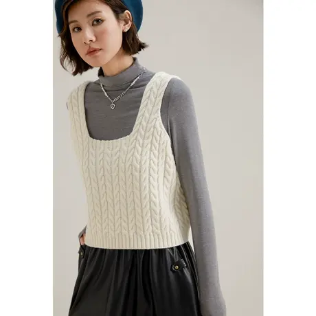 弥古白色毛衣背心女2023新款秋冬外穿吊带针织上衣叠穿麻花小马甲商品大图