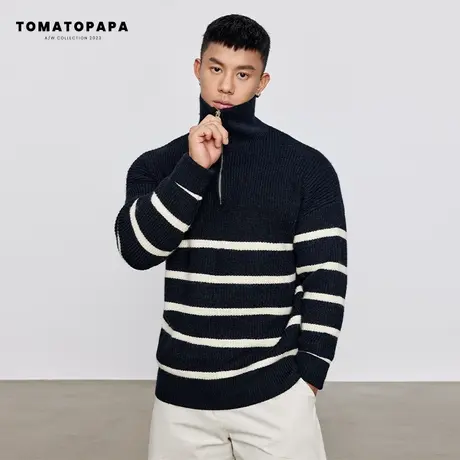 TOMATOPAPA秋冬加厚长袖毛衣半开拉链条纹撞色翻领保暖御寒针织衫商品大图