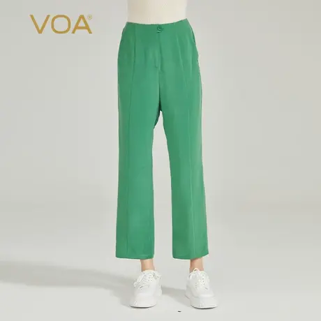 VOA30姆米桑蚕丝砂洗重磅灰绿自然腰直筒宽松垂感真丝九分直筒裤图片