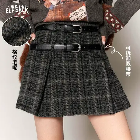 妖精的口袋格子毛呢百褶半身裙女2024早春新款高腰学院风a字短裙图片