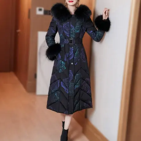 冬季羽绒服女2023新款气质印花修身显瘦保暖大毛领过膝白鸭绒外套图片