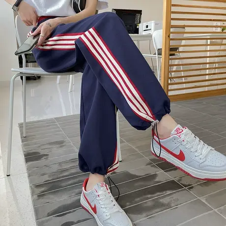 阔腿运动裤女春秋薄款高腰直筒休闲小个子宽松束脚夏季冰丝棉卫裤商品大图