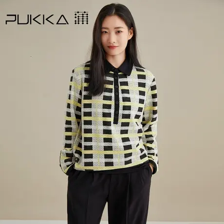 蒲PUKKA 冬季卫衣新品针织提花复古格纹衬衫领羊毛衫打底女上衣商品大图