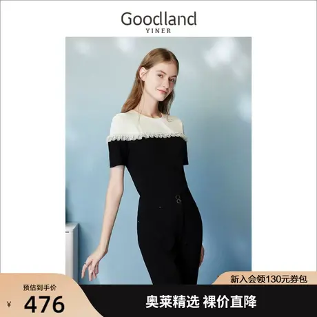 音儿美地女装2023夏季新款假两件黑白拼接珍珠荷叶边装饰针织衫商品大图