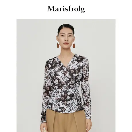 【博主同款】玛丝菲尔夏黑色碎花长袖t恤v领打底衫内搭上衣商品大图