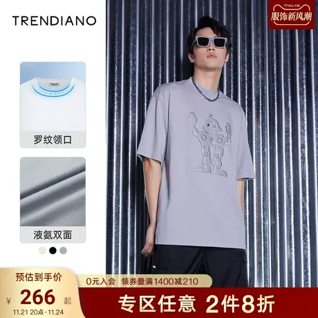 TRENDIANO短袖情侣t恤夏季新款潮牌男装宽松圆领美式复古黑色男款商品大图