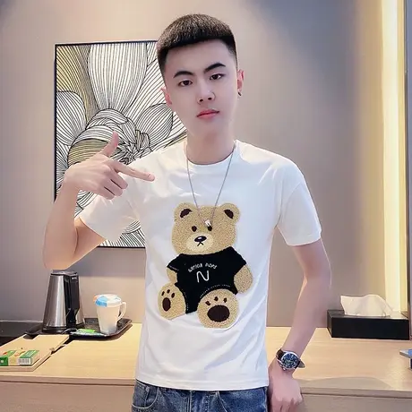 夏季男小熊t恤上衣短袖修身半袖休闲时尚潮流体恤紧身个性半截袖商品大图