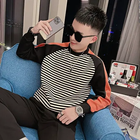 日系圆领卫衣男春季潮流高街修身拼色条纹外套青少年无帽ins潮牌图片