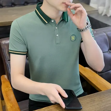 新款潮流短袖T恤男修身翻领绣标半袖polo衫社会青年上衣男装夏t恤商品大图