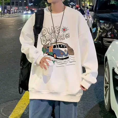 美式卫衣男潮ins春秋季宽松卡通印花外套圆领套头潮牌长袖打底衫商品大图