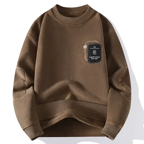 奥粒绒刺绣圆领卫衣男秋冬款潮牌宽松套头上衣服加绒加厚长袖体恤商品大图