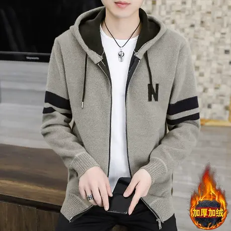 连帽针织开衫男士秋冬季一体加绒加厚款休闲外套男装毛衣潮流拉链商品大图