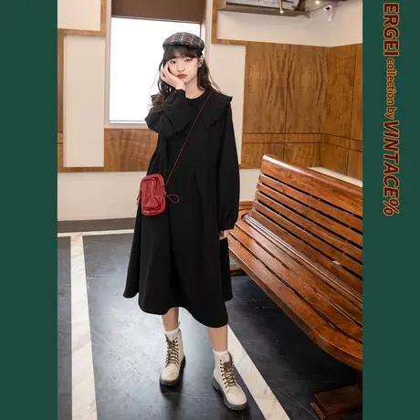 尔给新款娃娃领裙子女学院风温柔连衣裙设计感小众春秋气质小黑裙图片