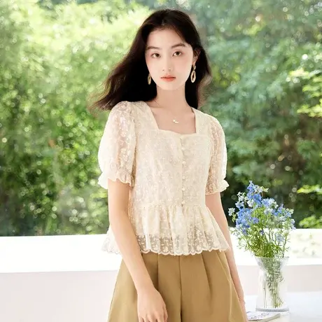 时尚气质方领衬衫2023年夏季新款淑女温柔宽松显瘦通勤百搭上衣商品大图