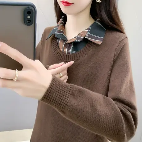 洋气格子衬衣领拼针织打底衫假两件上衣女春秋新款遮肚子毛衣外穿图片