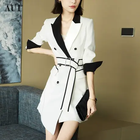 AUI撞色设计感小众西装连衣裙女2023秋季新款中长款双排扣西服裙图片