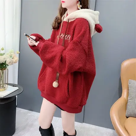 加绒加厚羊羔毛连帽卫衣女2023年新款秋冬宽松设计感拼色上衣外套商品大图