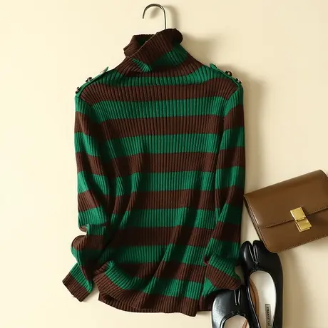 堆堆高领毛衣打底衫女士内搭秋冬2023年新款条纹洋气加厚针织上衣商品大图