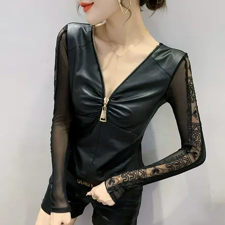时尚拉链V领T恤性感镂空小衫网纱拼接PU皮上衣洋气打底衫女长袖冬商品大图