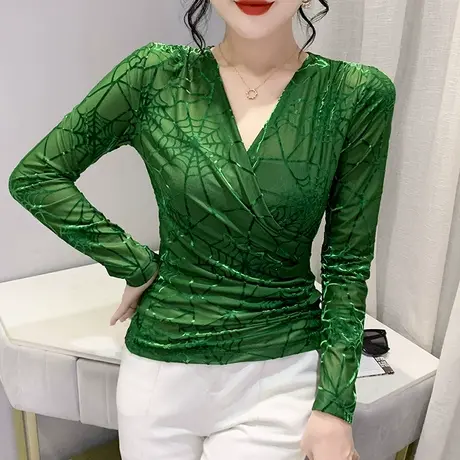 性感V领网纱打底衫女士春秋设计感交叉青绿色上衣漂亮气质T恤长袖图片