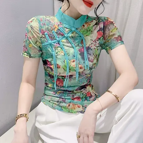 设计感立领盘扣上衣女士复古国潮夏装气质印花小衫时尚网纱T恤ins商品大图