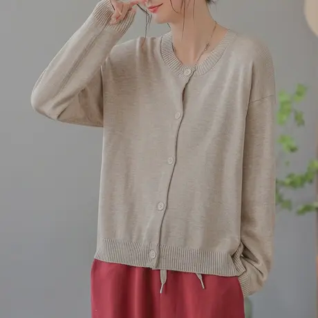 dza 复古纯色棉线毛针织开衫女2023春秋新款宽松上衣圆领毛衣外套图片