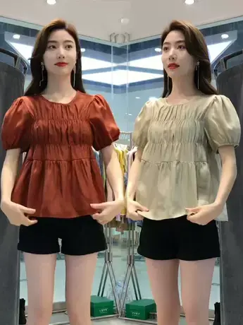 法式褶皱圆领泡泡袖衬衫女韩系新款宽松洋气小衫百搭减龄短袖上衣商品大图