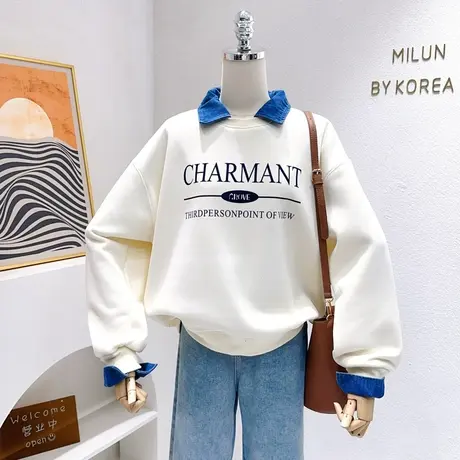 韩代款秋冬加绒上衣~复古美式字母牛仔衬衫领摇粒绒卫衣微胖显瘦商品大图