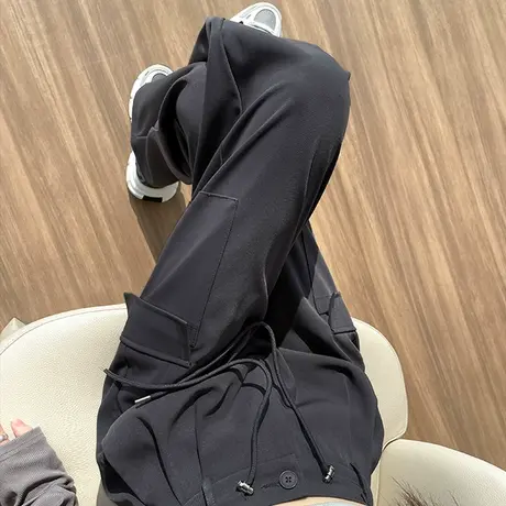 美式工装裤女秋冬季2023新款高腰直筒阔腿束脚灰色休闲运动裤子潮图片