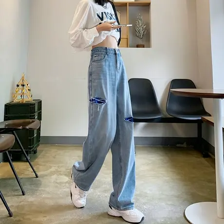 破洞高腰直筒牛仔裤女2024年新款春秋季宽松阔腿裤子女高街潮ins商品大图