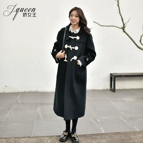 毛呢外套女秋冬新款复古学院风牛角扣宽松休闲中长款过膝连帽大衣商品大图